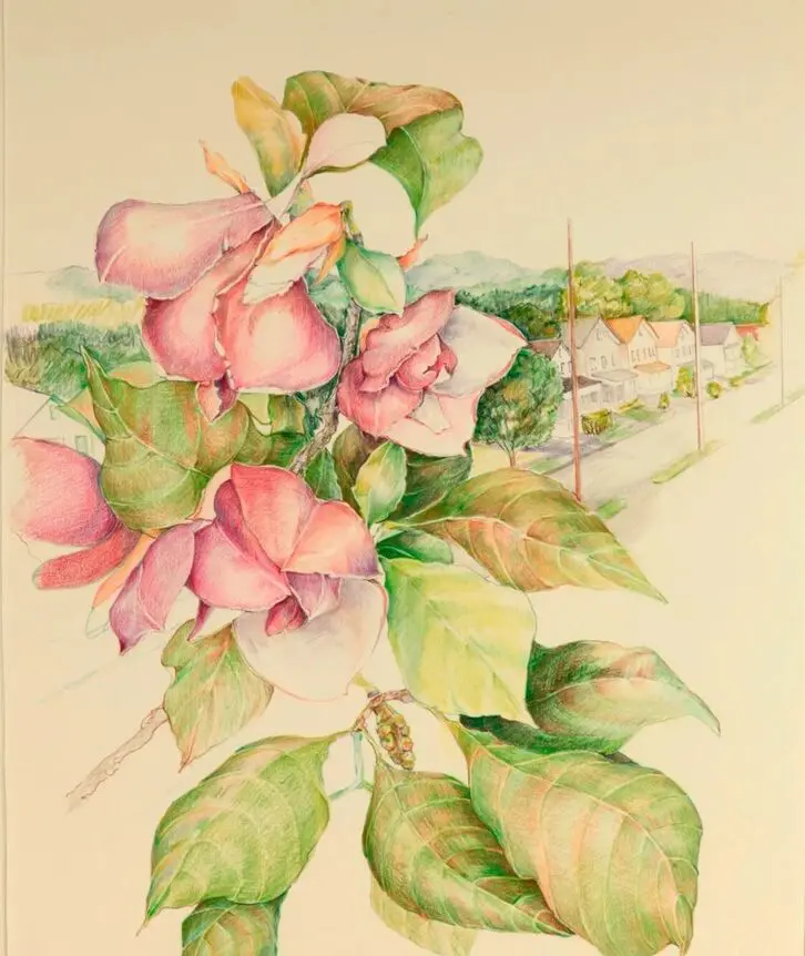 Floral illustration with houses in the background.