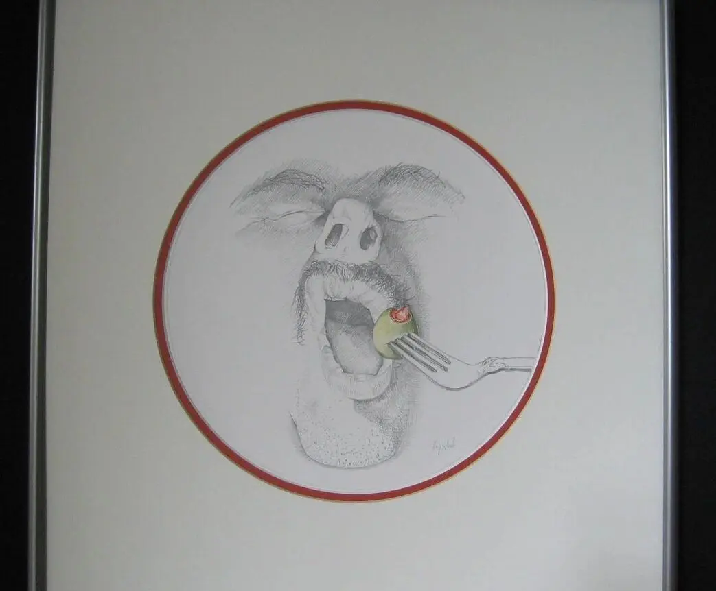 Surreal drawing of face with forked olive.