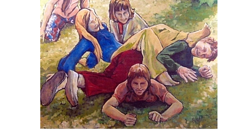 Children playing in a grassy field painting.