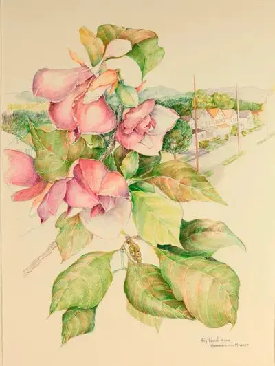 Pink flowers with leaves, countryside background.