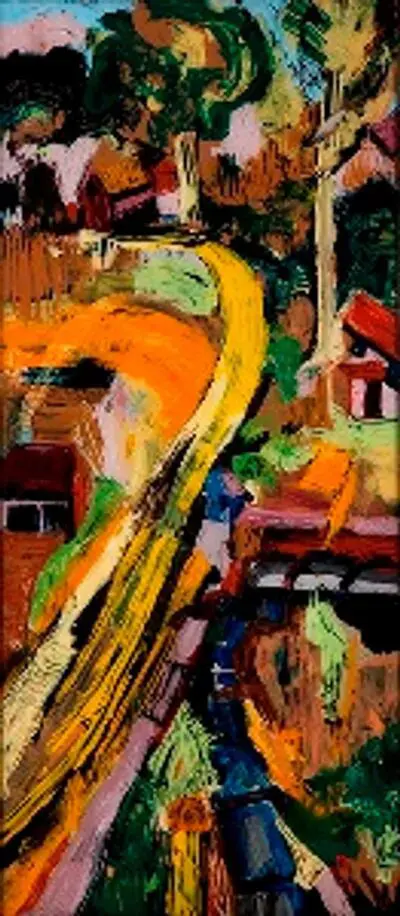 Colorful abstract landscape with winding road.