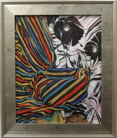 Colorful striped fabric with black floral pattern.
