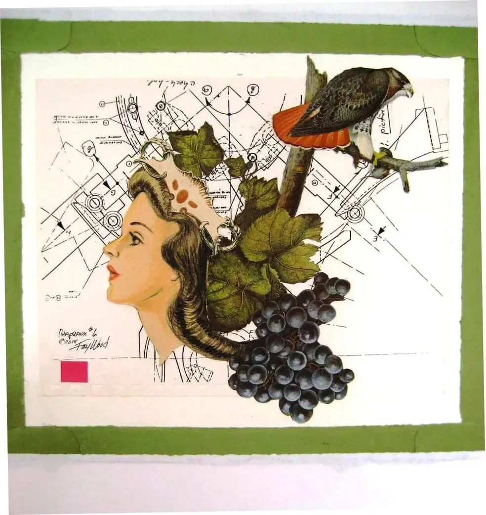 Woman's profile with grapes and bird collage.