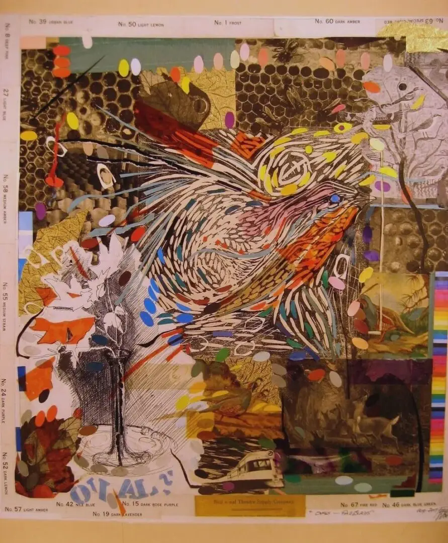 Colorful abstract collage with bird illustration.