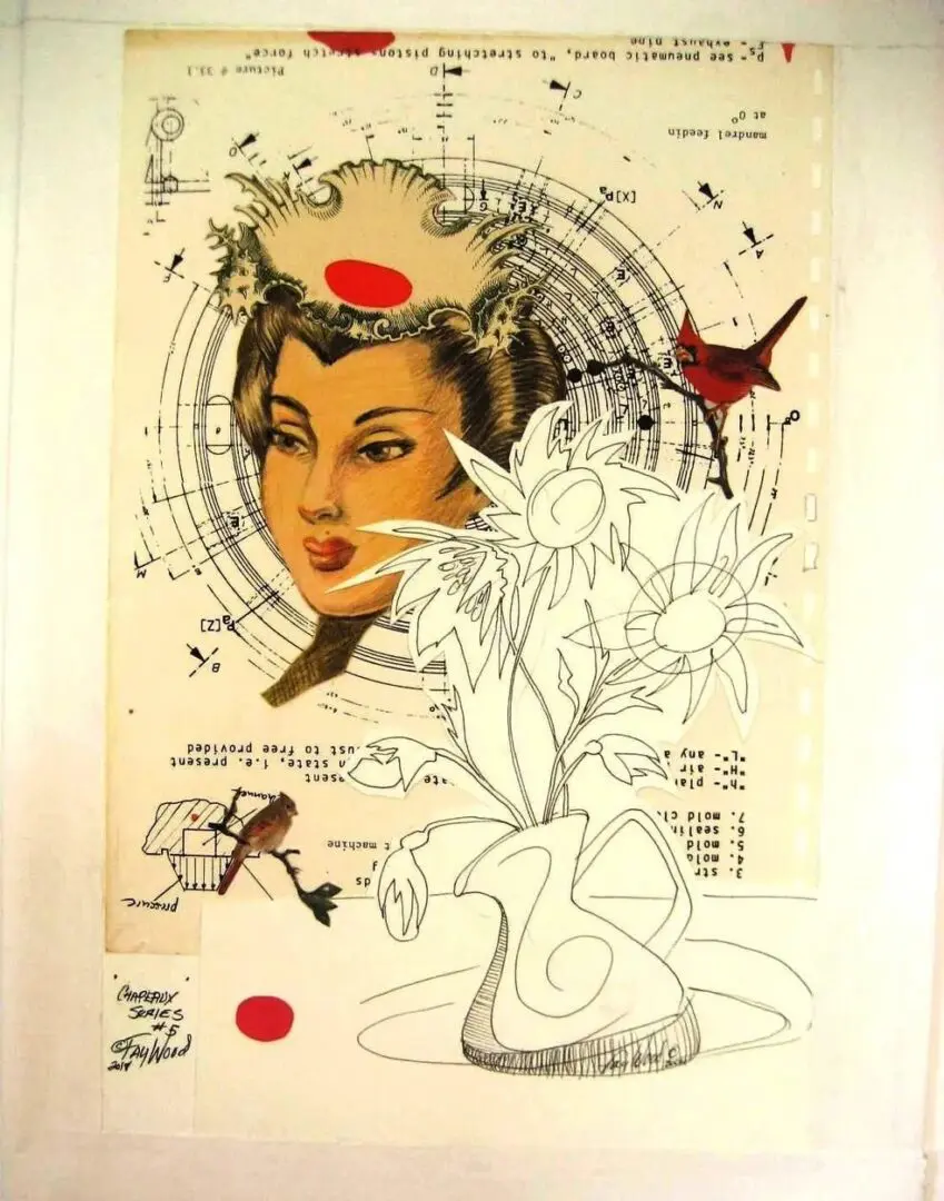 Abstract collage with woman's face and flowers.