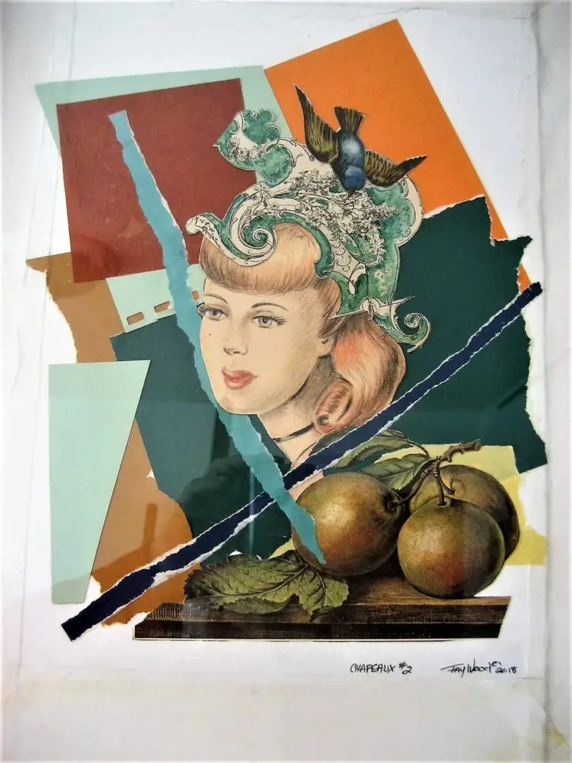Collage of woman, fruit, and colorful shapes.