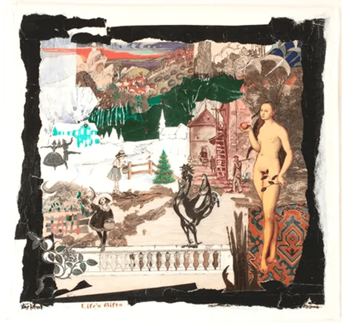 Abstract collage with various figures and landscapes.